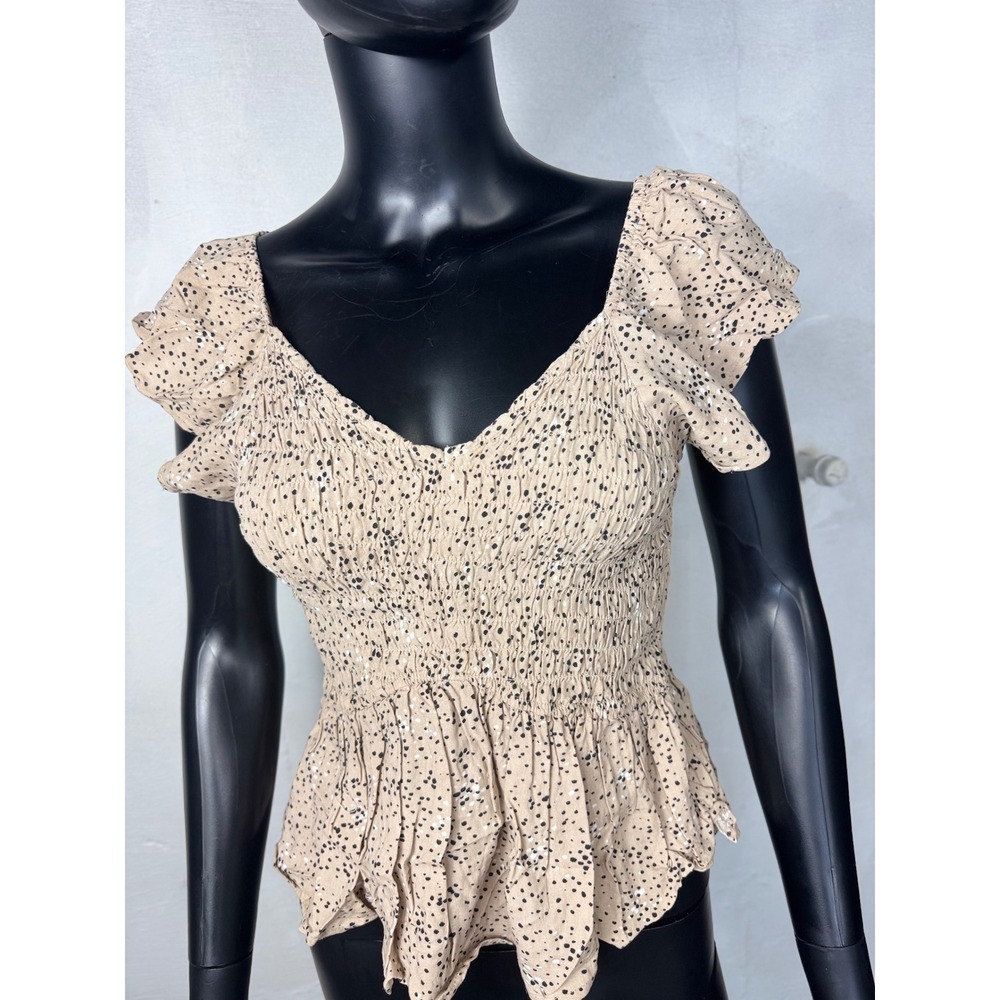 Japna Ruffled Sleeve Smocked Peplum Top, Beige and Black Polka Dot, Square Neck‎